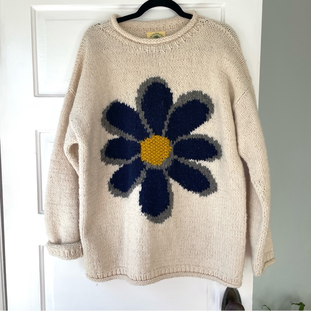 Vintage Hand Knit Wool Pachamama Flower Sweater